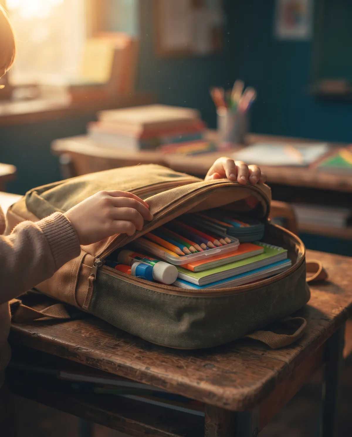 Mãos de criança abrindo uma mochila cheia de cadernos e lápis de cor sobre uma carteira escolar