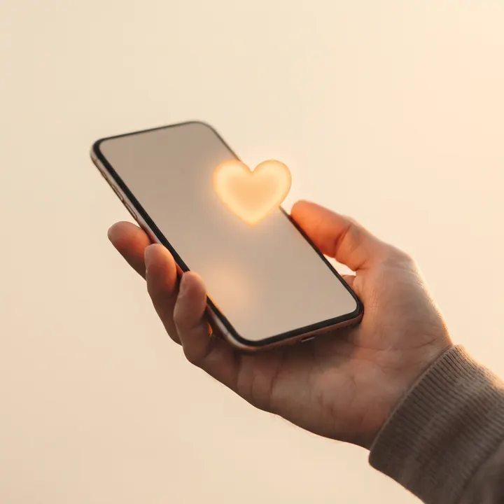 Mão segurando um celular com um coração de luz acendendo na tela